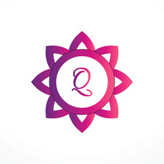 Initial P Logo with Pink Heart Icon. Letter Q Concept with Love. Vector Illustration.