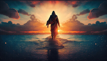 A Divine Sunset: Jesus Walking on Water in a Miraculous Moment. Generative AI