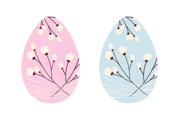 Set of two Easter eggs with pattern of cherry branches entangled with thin threads in trendy shades