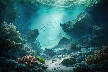 Naklejka na ściany i meble Beneath the Surface: Exploring the Intricate Rocky Seafloor. Generative AI