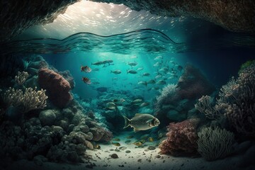 Fototapeta na wymiar Beneath the Surface: Exploring the Intricate Rocky Seafloor. Generative AI