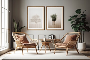 Two rattan armchairs and mock poster frames on a modern interior background. Generative AI