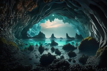 Fototapeta na wymiar Enchanted Depths: Discovering a Sea Cave's Hidden Treasures. Generative AI