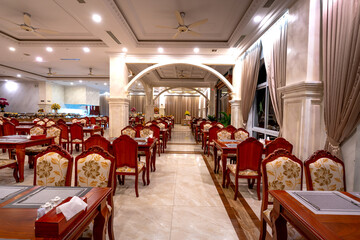 See the interior of the buffet breakfast room at restaurant of the in Thien Thanh 5-star hotel, Kien Giang province, Vietnam 