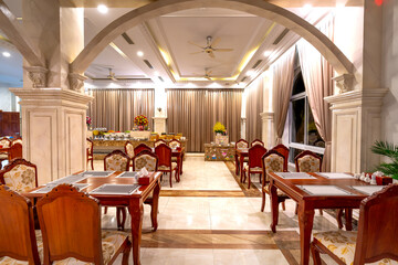 Fototapeta na wymiar See the interior of the buffet breakfast room at restaurant of the in Thien Thanh 5-star hotel, Kien Giang province, Vietnam 