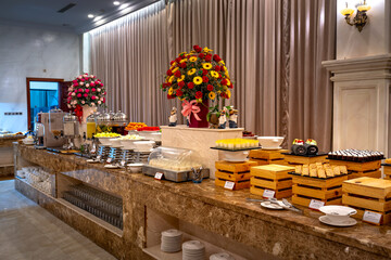 See the interior of the buffet breakfast room at restaurant of the in Thien Thanh 5-star hotel, Kien Giang province, Vietnam 