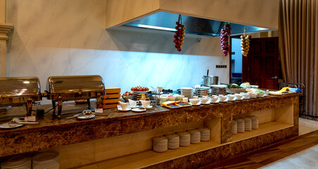 See the interior of the buffet breakfast room at restaurant of the in Thien Thanh 5-star hotel, Kien Giang province, Vietnam 