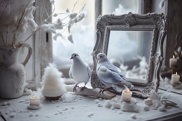 Decorate your home's interior with porcelain figurines of white kissing pigeons birds against a background of hoarfrost covered branches and a photo frame in shabby chic style with a heart facsimile f
