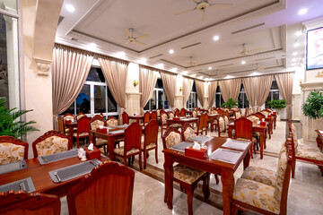 See the interior of the buffet breakfast room at restaurant of the in Thien Thanh 5-star hotel, Kien Giang province, Vietnam 