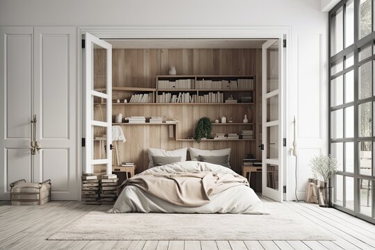 Interior design, architect designer concept, blurred background, white folding door opening into country rustic wooden bedroom with soft bed with duvet and cushions, mirror, and bookshelf. Generative