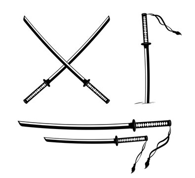 Katana and Wakizashi isolated on white background. A pair of Japanese Daisho samurai swords - katana and Wakizashi, crossed swords stuck in the ground. Samurai weapon, ninja. Vector flat isolated set