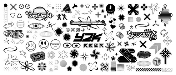 Retrofuturistic, Y2K, rave trip elements set. Acid geometric shapes in vaporwave style from 80s, 90s, 00s. Icons, shapes, pixel, futuristic lettering in y2k concept. Cyberpunk symbols, icons. Vector
