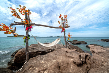 A hammock on May Rut Island, Phu Quoc, Vietnam, a beautiful and adventurous beach. Beach vacation...