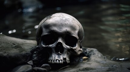 A human skull in the border of a river. Generative AI illustration.