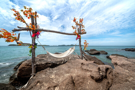 A Hammock On May Rut Island, Phu Quoc, Vietnam, A Beautiful And Adventurous Beach. Beach Vacation On Tropical Island, Relax In May Rut Island, Kien Giang Province, Vietnam 