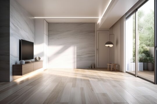 Room without furniture, laminate floors, and a marble wall with a television. Generative AI