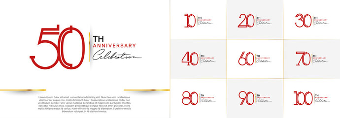 set of anniversary logotype red color and black handwriting for special celebration event - obrazy, fototapety, plakaty