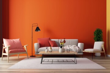 A living room's interior featuring a coffee table, a plant, and an orange recliner above a red mockup wall with copy space. Generative AI