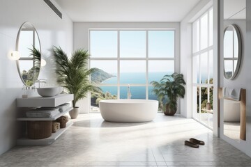 Fototapeta premium Interior of a white bathroom with a view of the tropics and panoramic windows. example of a mockup. Generative AI