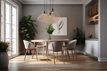Stylish personal accessories, a circular table, gray seats, a wooden floor, and decorations complete the contemporary dining room interior design. Elegant interior design. Template. Generative AI