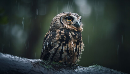brown owl sitting still enjoying the sun and the rain