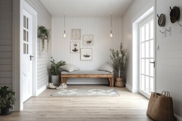 Fototapeta na wymiar Interior of a hall in a Scandinavian farmhouse, mockup of the wall. Generative AI