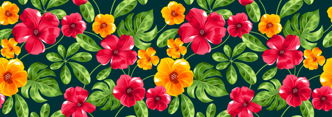 Fototapeta na wymiar hawaii seamless floral pattern, textile flowers elements, Hand drawn background, summer design fashion artwork for clothes, wallpaper, wedding