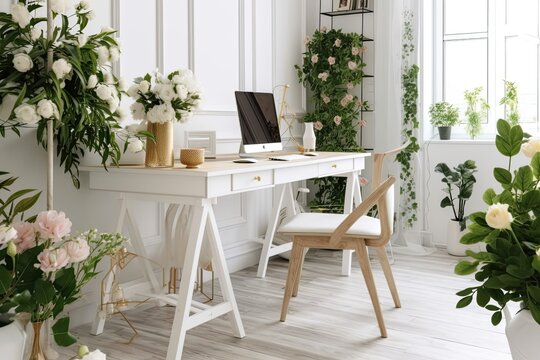 home office with flowers and white walls. Generative AI