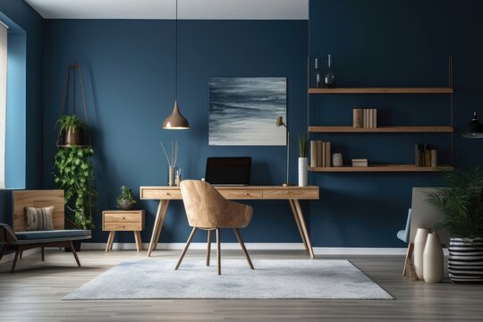A contemporary room with a blue wall, a desk and chair made of wood in the corner, a sofa, a rug, and furniture design with a light. Generative AI