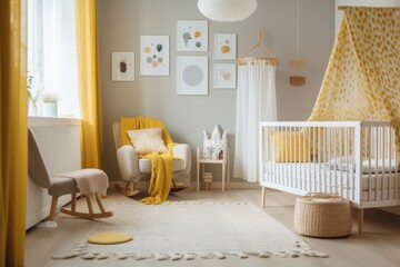 In a charming nursery with a white wooden cradle and wall mounted posters, a yellow blanket is placed on a white rocking chair. Generative AI
