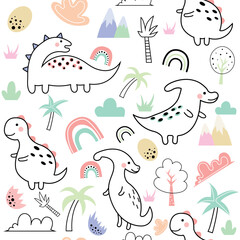 Cute dinosaurs and tropical plants. Funny cartoon dino seamless pattern. Hand drawn vector doodle design for girls, kids. Hand drawn, childish drawing for fashion clothes, shirt, fabric