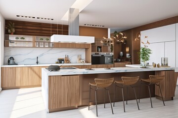 Kitchen bar, food preparation area, dining nook, interior scene and mockup. Generative AI