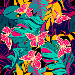 Seamless botanical pattern with tropical plants and butterflies vector illustration 