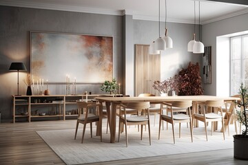 Interior of a large dining room with wooden chairs at the table and a gray painting on the wall. Generative AI