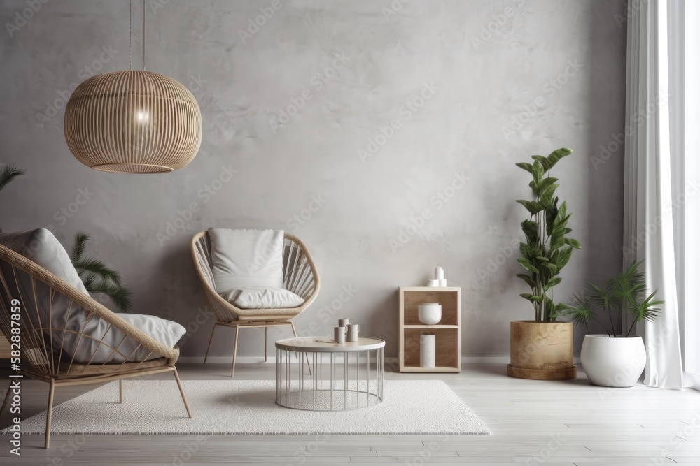 Poster a wall mock up in a space with a scandinavian design,. generative ai