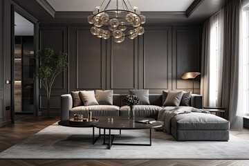 Fototapeta premium luxury gray living room design, panorama, empty wall mockup,. Generative AI