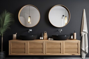 Interior of a bathroom with two sinks on a wooden cabinet, a round mirror, and towels against a background of a dark wall. mockup. Generative AI