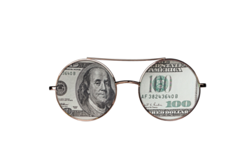 Round shape golden frame glasses with american cash money lenses isolated cutout on transparent