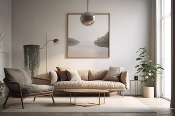 Modern living room with concrete floors, comfortable sofa, sparse decor, empty frame, and window with lake view. Art and print mockups can be utilized with the empty frame mockup that is hung on the w