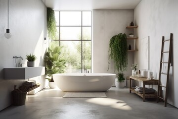 Fototapeta na wymiar A contemporary bathroom's interior features white walls, a concrete floor, a white bathtub, and a shelf holding lotions and shampoo. plants in pots. Generative AI