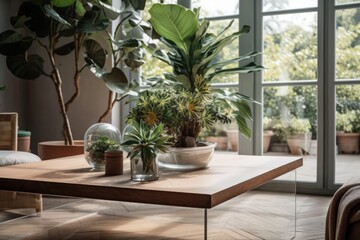 The outdoor space and coffee table are decorated with small plants. Generative AI