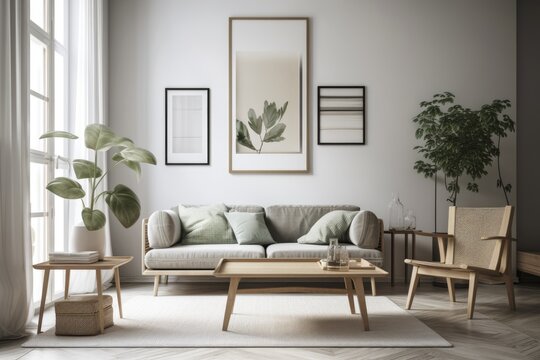 horizontal frame in a spacious, contemporary living room that features a gray sofa, a green plant, and a coffee table made of laminated wood. Background of pleasant interior with Scandinavian design