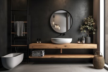 Naklejka na ściany i meble Interior of a bathroom with a black wall, a wooden shelf, a black, angular sink, and a small, vertical mirror. Detailed mockup. Generative AI