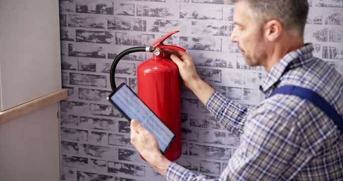 Worker Installing Fire Extinguisher. Inspection Service
