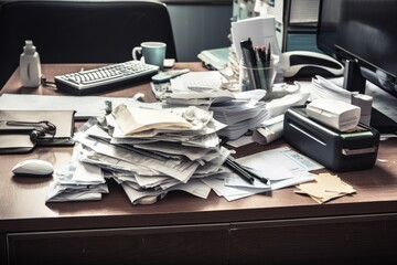 There is a heap of paperwork on the office desk. Generative AI