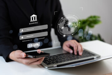 Businessman using laptop connecting to virtual bank or online banking concept, log in cyber...