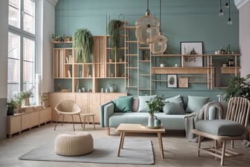 Apartment's living room in a stylish composition with a mint sofa, a wooden ladder and cube, vases of flowers, a sculpture, and classy accessories. interior design. Template. The color scheme of eucal