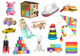 Collage with many different toys on white background