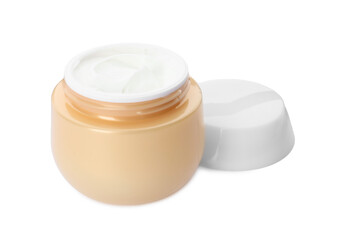 Face cream in jar on white background