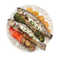 Plate with delicious sea bass fish and ingredients isolated on white, top view